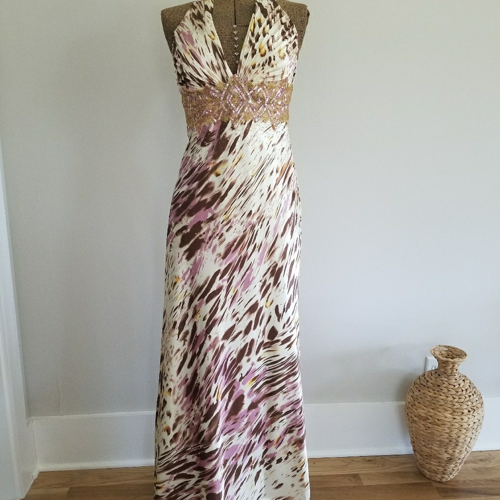 David's Bridal Cream, Mauve and Brown Maxi Dress with Gold Beaded Waist